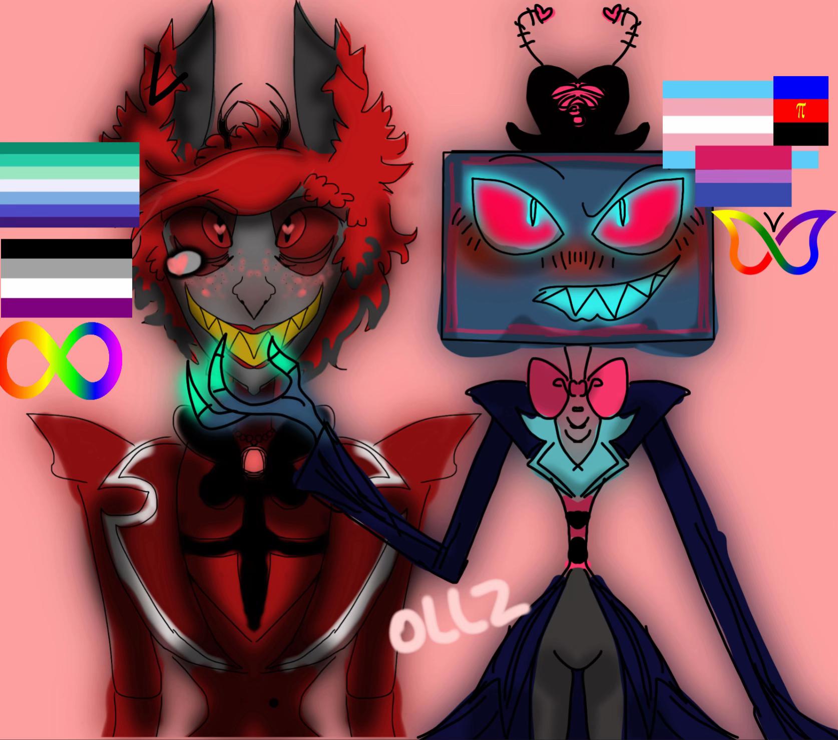 I don’t care if you hate the ship they are lit me and my bf! The way vox is a loud ADHD gremlin and Alastor is his neurodivergent boyfriend, the only one who can calm him down really speaks to me,, also vox being a screen and alastor being a radio is literally symbolic of how they communicate but never understand each other and yet still hold hands through the static. #Alastor #Vox #artist #matchingpfp #mlm